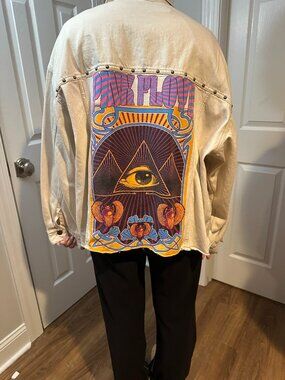 Pink Floyd Upcycled Beige Studded Oversized Jean Jacket